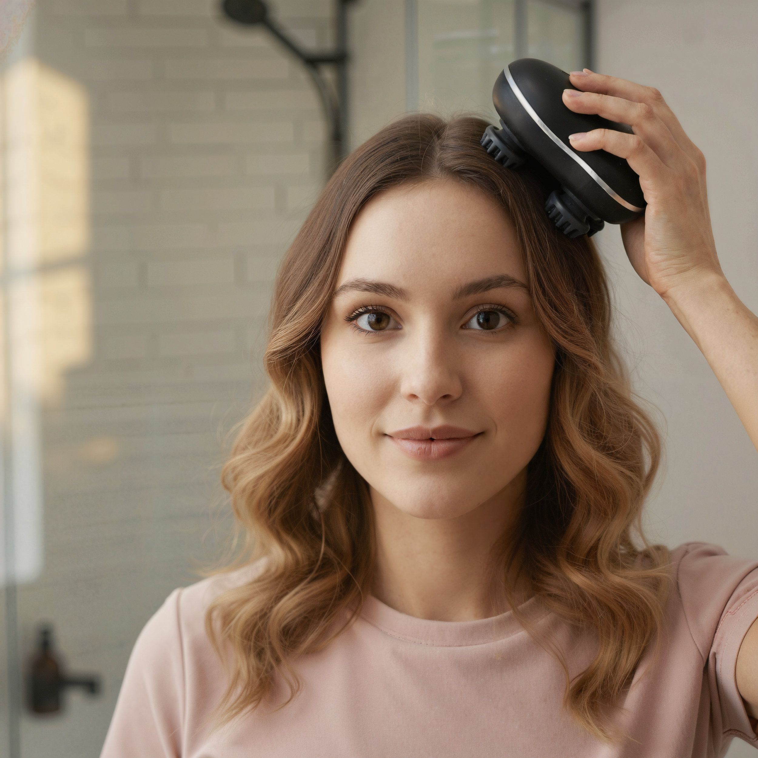 Frau verwendet ein schwarzes Kopfmassagegerät. Das Gerät hat Rollen und wird auf dem Kopf platziert.