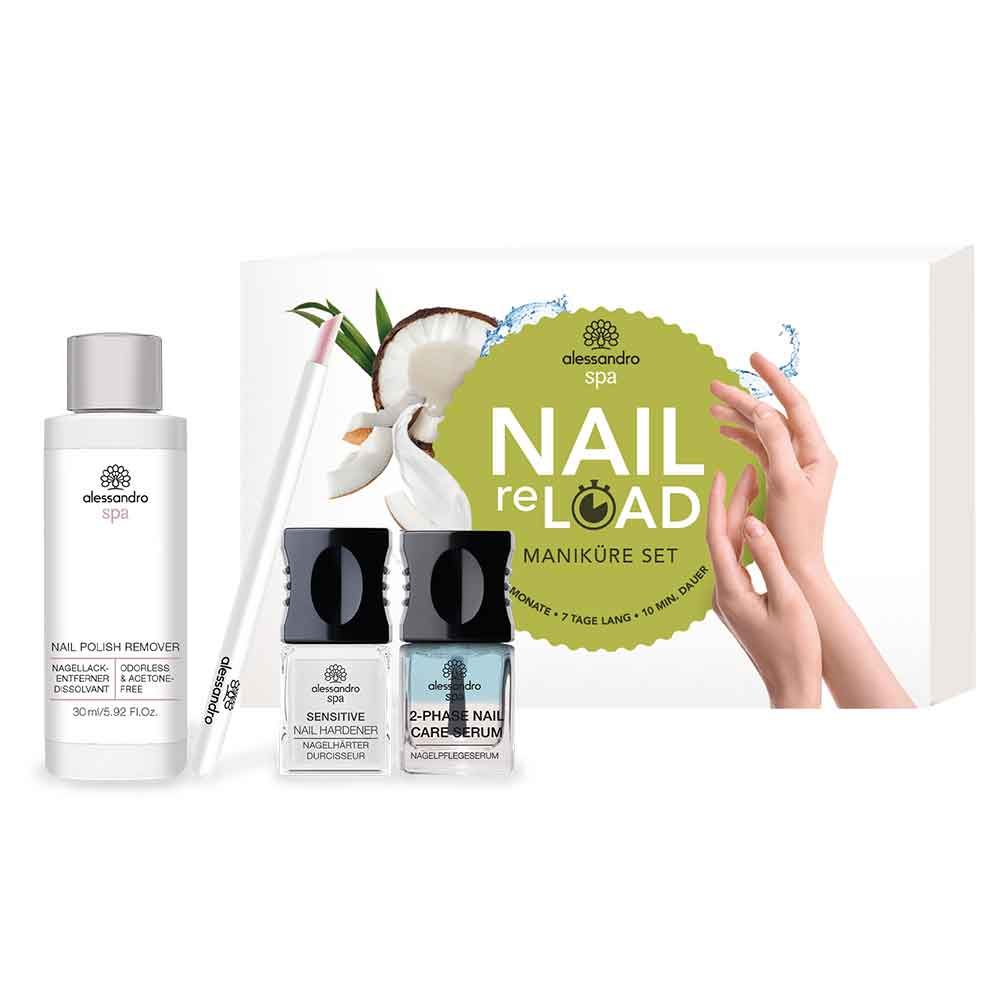 Alessandro Nail SPA Nail Reload Maniküre Set. Enthält Nagellackentferner, Nagelhärter, 2-Phasen-Nagelpflegeserum, Maniküre-Stift und Verpackung.