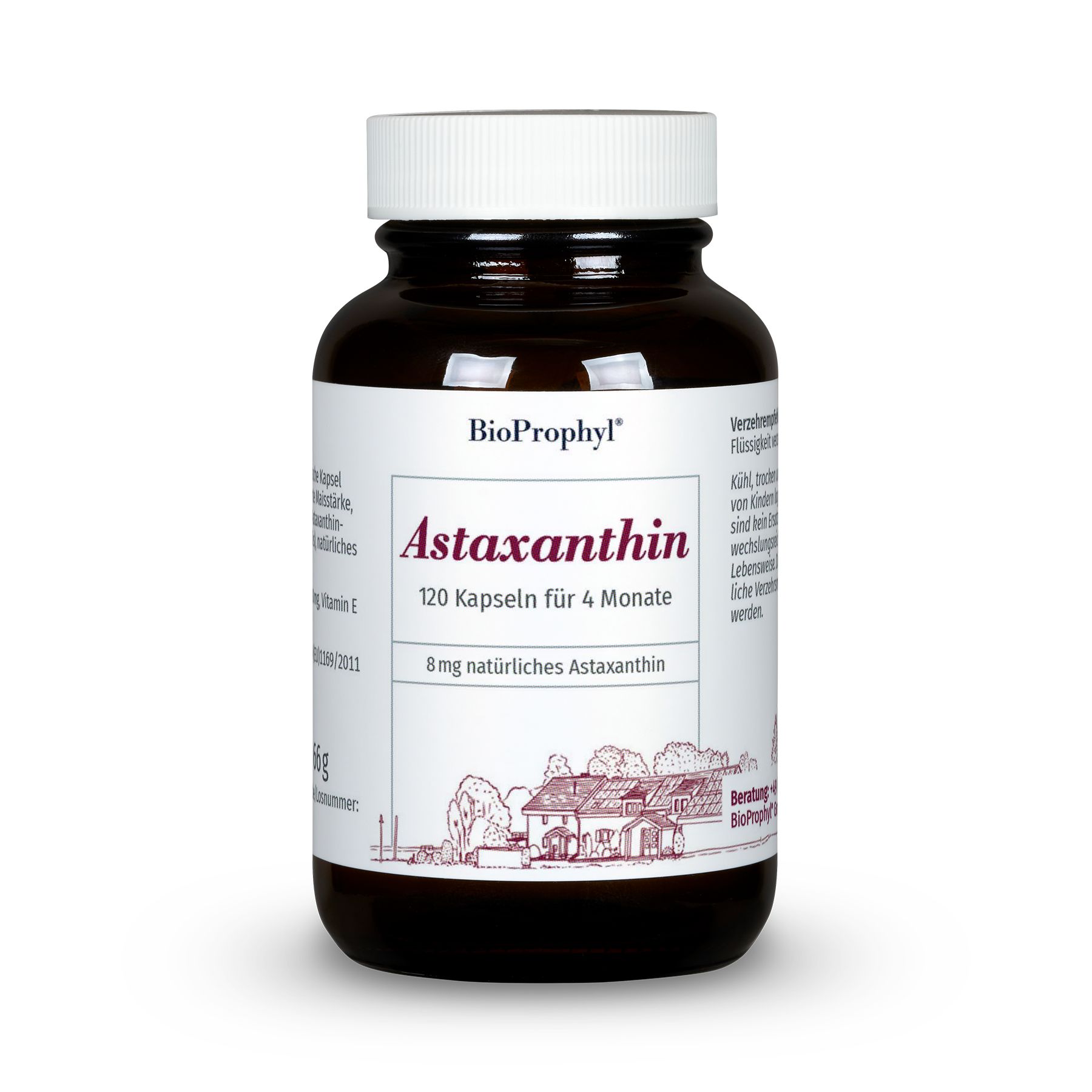 Braune Flasche mit weißem Deckel. Auf dem Etikett steht "BioProphyl Astaxanthin", 120 Kapseln für 4 Monate, 8 mg natürliches Astaxanthin.