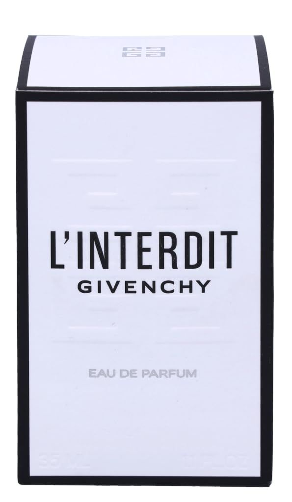 Weißer Karton mit schwarzem Rahmen. Aufschrift "L'INTERDIT GIVENCHY Eau de Parfum".