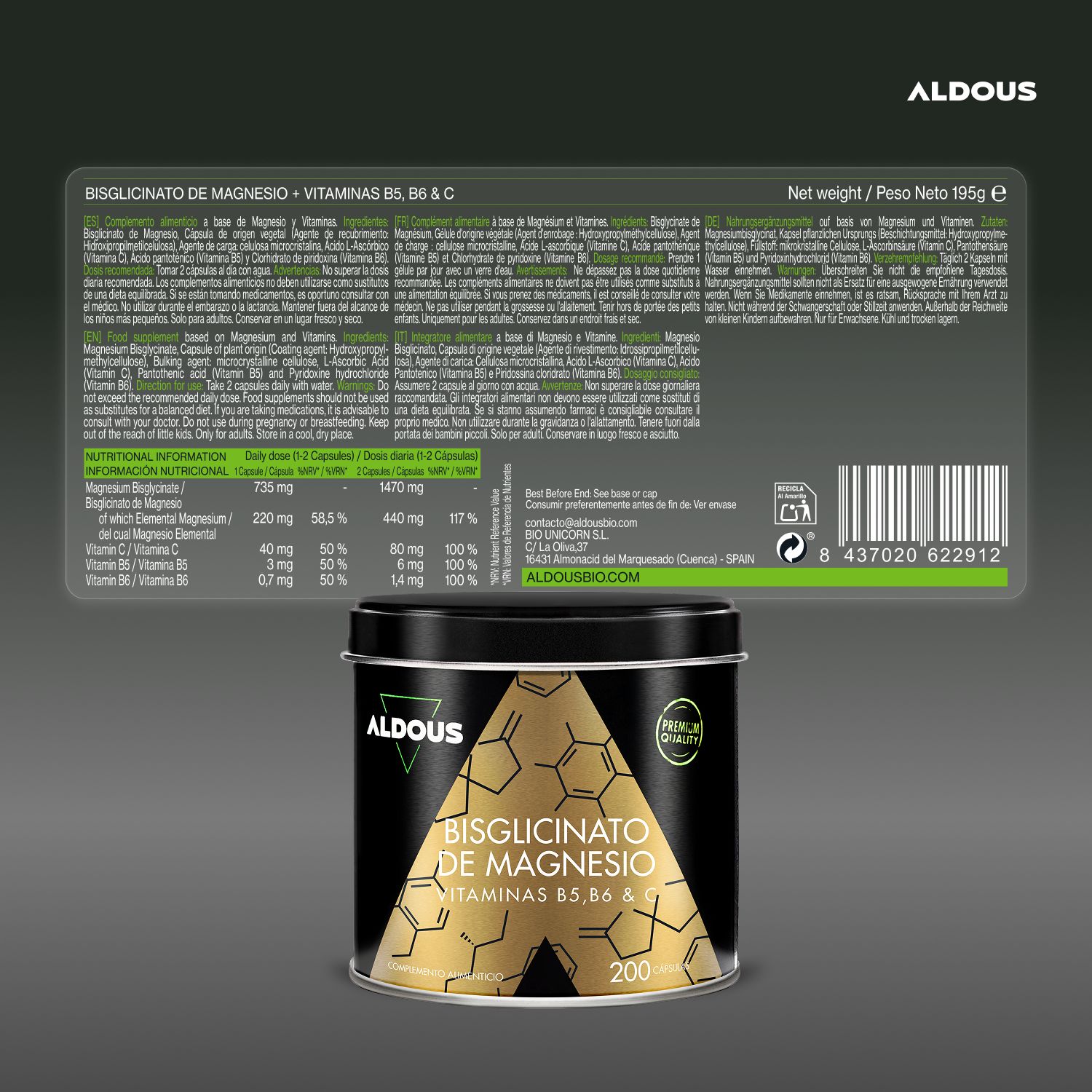 Rückseite einer Aldous Bisglicinato de Magnesio Dose mit detaillierten Produktinformationen und Barcode.