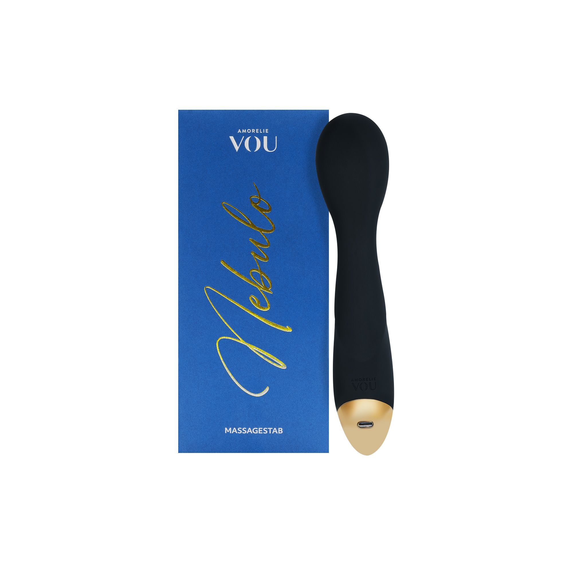 Schwarzer Massage-Wand mit goldfarbenem Akzent und blauer Verpackung. Auf der Verpackung steht "AMORELIE VOU Nebulo MASSAGESTAB".