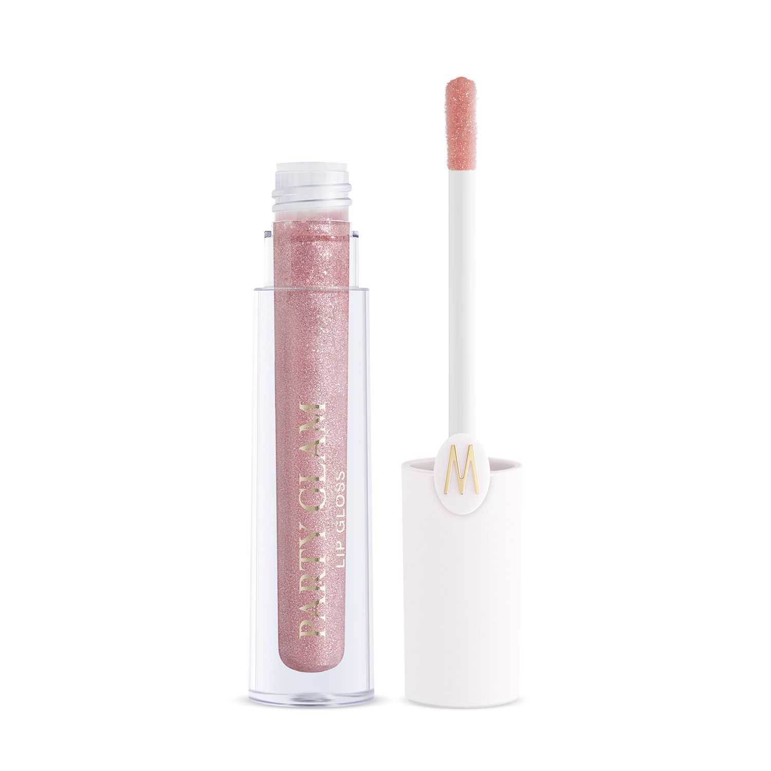 Tubetto di lucidalabbra con tappo e applicatore aperti. Il lucidalabbra è rosa e lucido. Sul tubetto è scritto "PARTY GLAM LIP GLOSS".