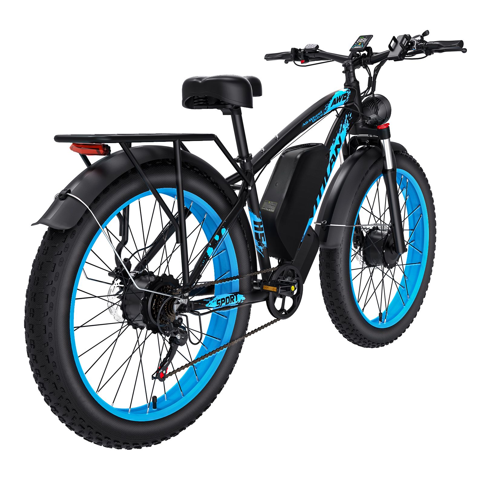 E-Bike, schwarz mit blauen Felgen. Marke Vitilan. Gepäckträger und Rücklicht sind sichtbar.