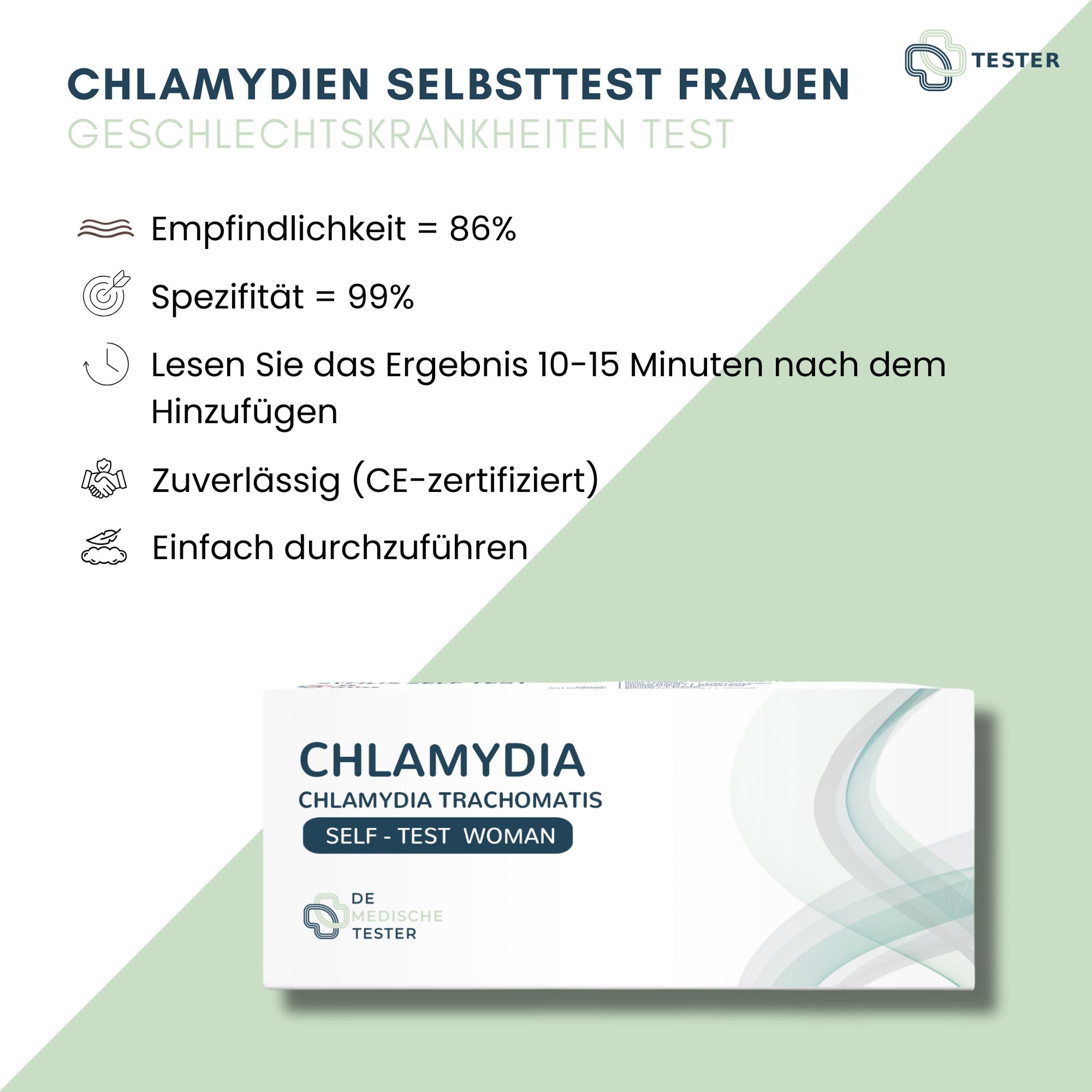 Infografik mit Informationen zum Chlamydien Selbsttest für Frauen. Enthält Angaben zu Empfindlichkeit, Spezifität und CE-Zertifizierung.
