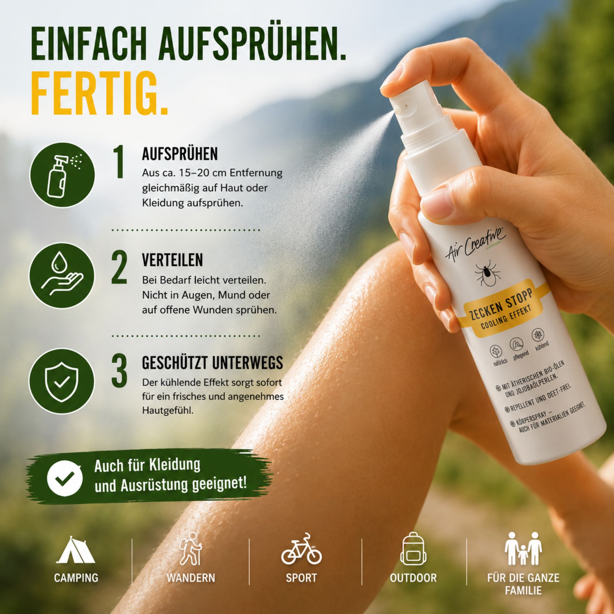 Weißes Spray von Air Creative. Anwendungshinweise: Aufsprühen, verteilen, Schutz. Geeignet für Haut und Kleidung.