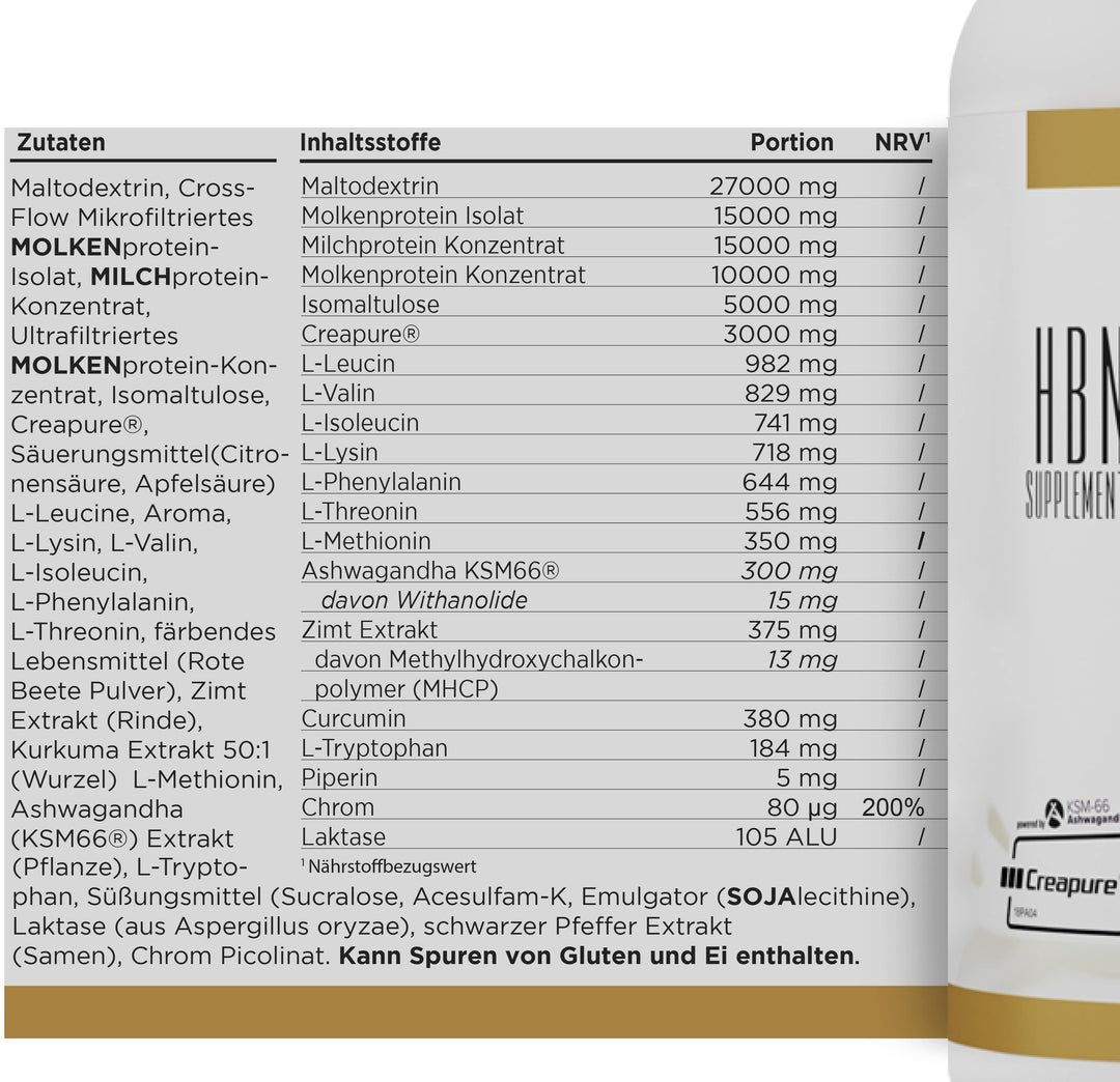 Zutatenliste und Inhaltsstoffe eines Nahrungsergänzungsmittels. Enthält Informationen über Maltodextrin, Molkenproteinisolat, L-Leucin, und weitere.
