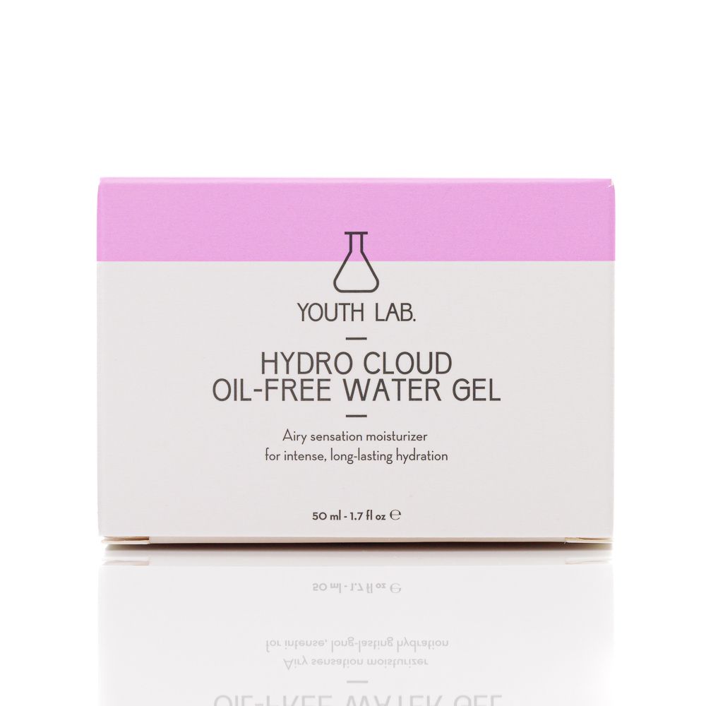 Weiße Verpackung mit rosa Deckel. Aufschrift: YOUTH LAB. HYDRO CLOUD OIL-FREE WATER GEL. Text: Airy sensation moisturizer for intense, long-lasting hydration.