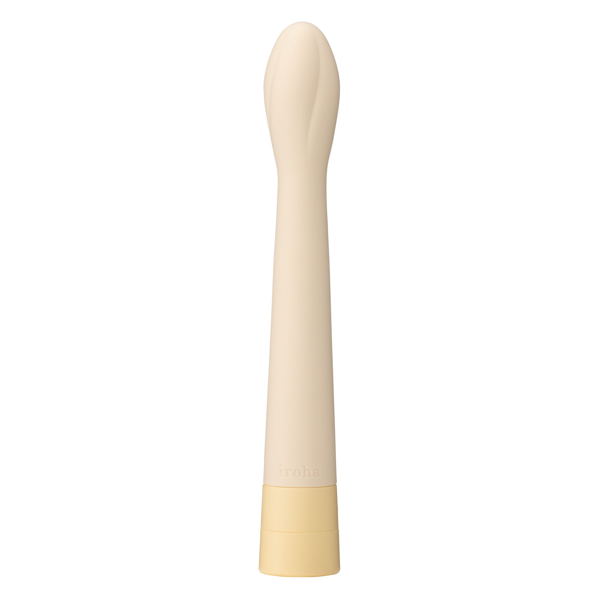 Beigefarbener Vibrator mit abgerundeter Spitze und gelbem Sockel. Längliche Form.