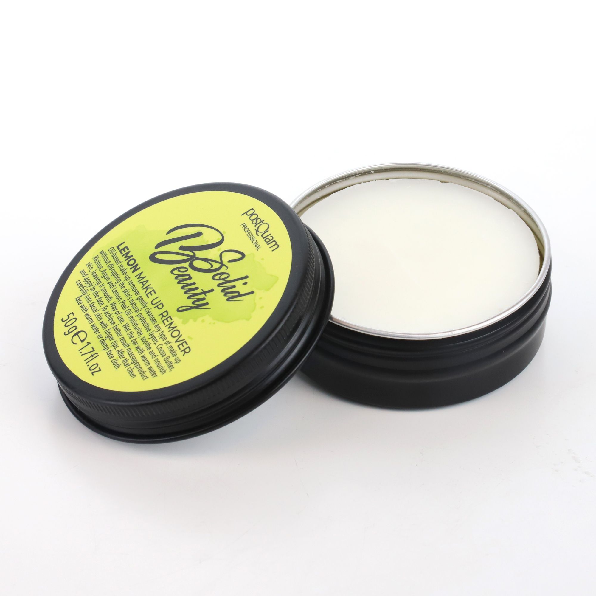 Runder, schwarzer Behälter mit Deckel. Auf dem Deckel steht "Lemon Make Up Remover". Der Behälter ist geöffnet und zeigt einen festen Reiniger.