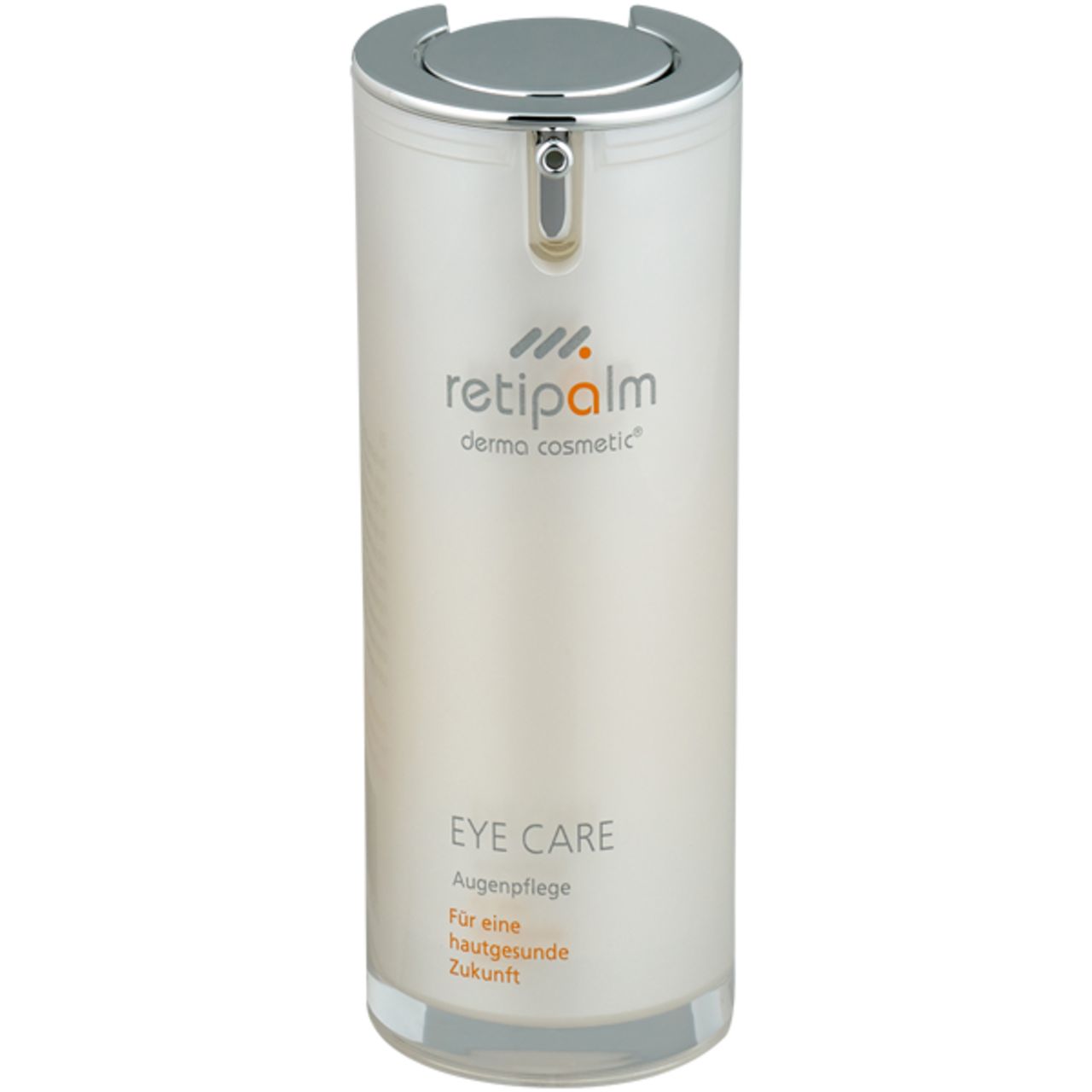 Zylindrische Flasche mit silbernem Deckel. Aufschrift: Retipalm, Eye Care, Augenpflege. Untertitel in Orange.