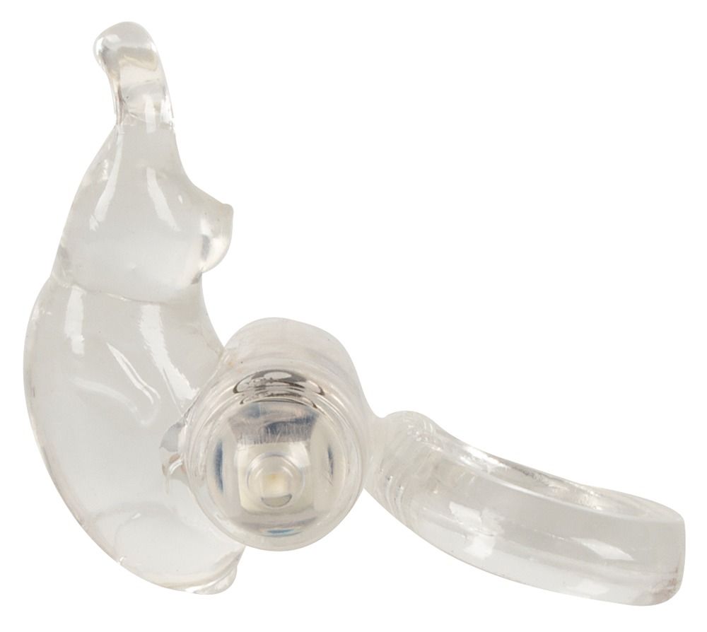 Transparenter Penisring mit Hasen-Aufsatz und Klitorisreizer. Ringförmig, mit Vibrationsmodul.