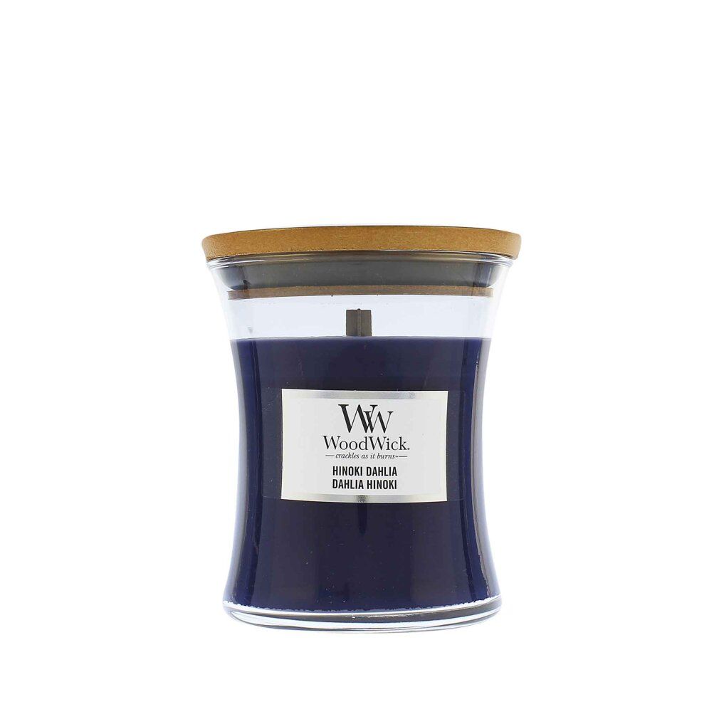 Duftkerze mit Holzdocht und Deckel. Dunkelblaue Kerze in Glasbehälter. Aufschrift: WoodWick, Hinoki Dahlia.