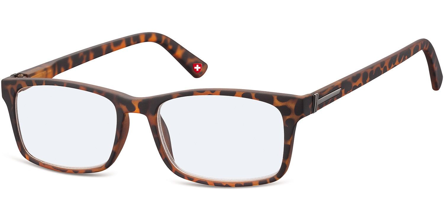 Brille mit braunem Rahmen und rechteckigen Gläsern. Bügel mit Muster. Rotes Kreuz-Logo am Bügel. Blaulichtfilter.