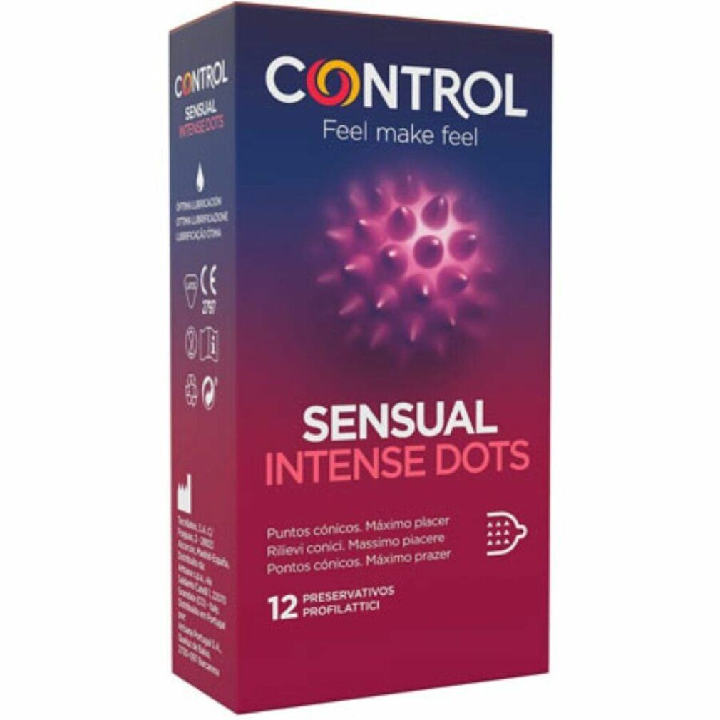 CONTROL SENSUAL Intense Dots Verpackung. Schwarzer Karton mit Produktnamen und Abbildung. 12 Stück.
