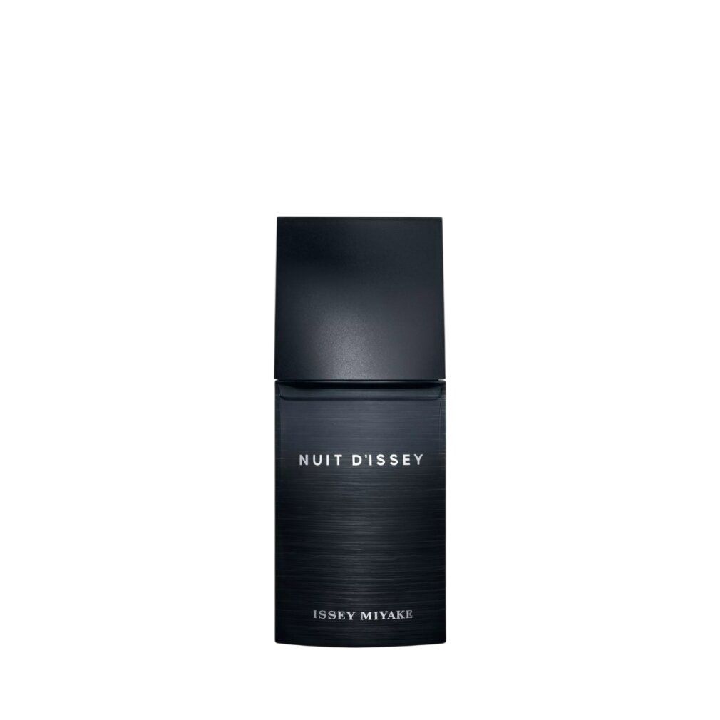 Schwarzer Flakon. Aufschrift: Nuit d'Issey, Issey Miyake.