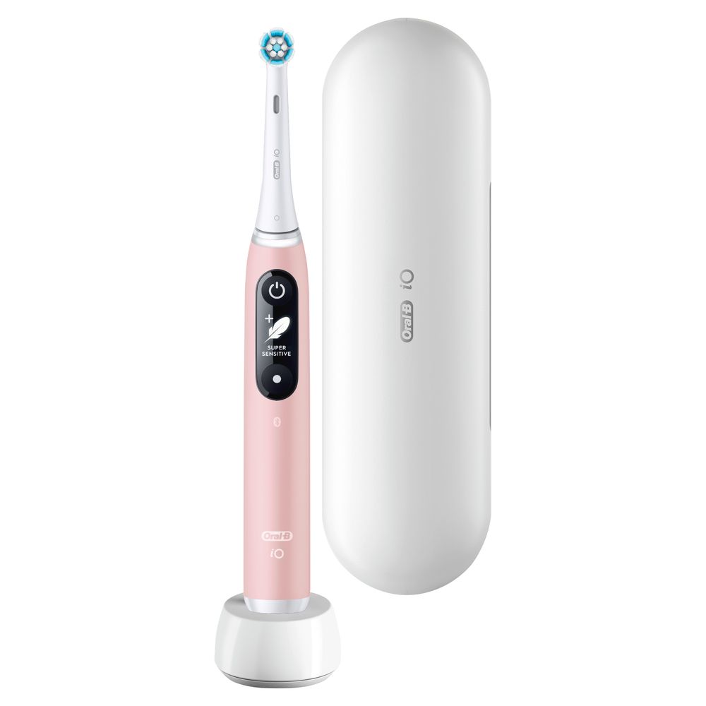 Pinkfarbene elektrische Zahnbürste mit Ladestation und Reiseetui. Oral-B iO Series 6.
