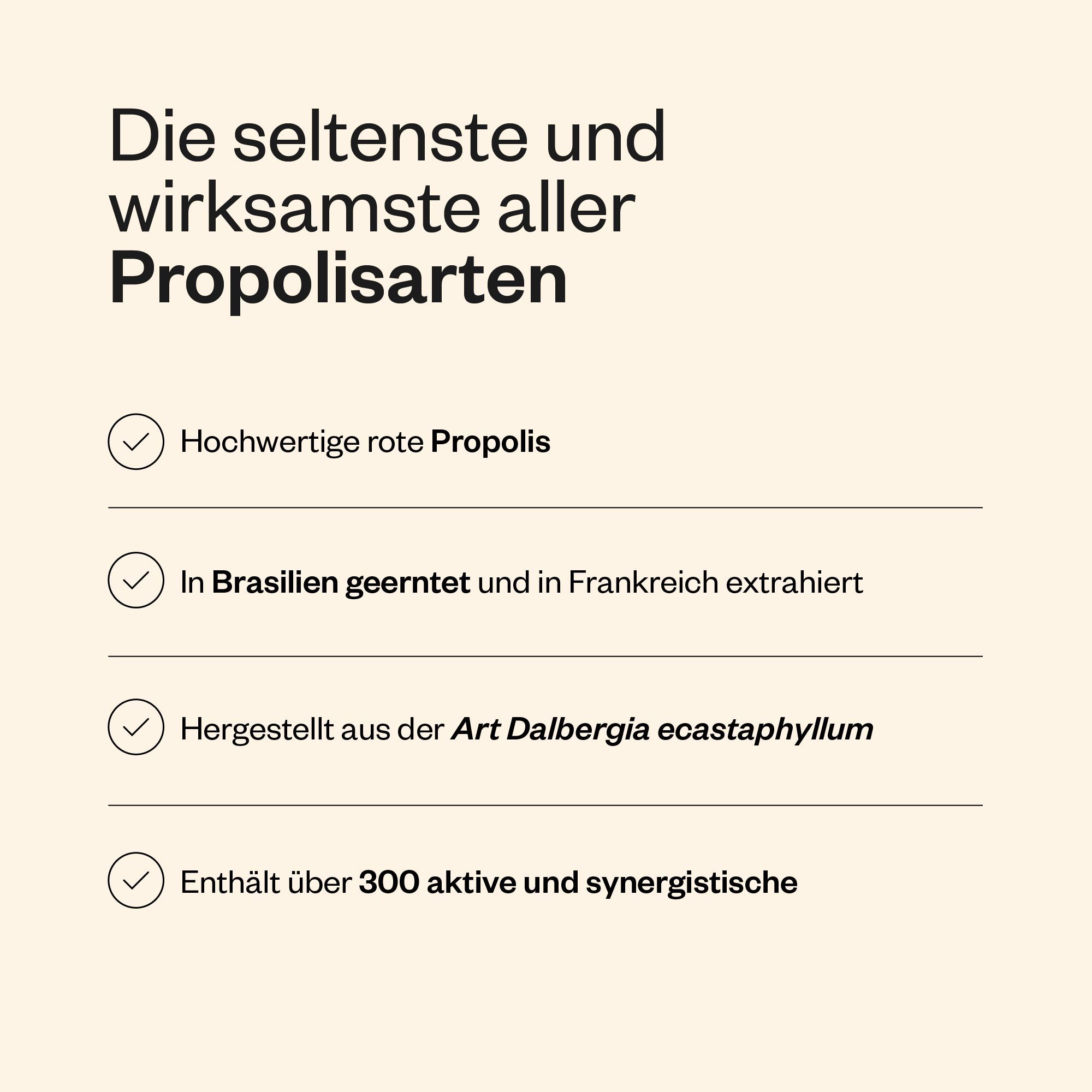Liste mit Eigenschaften von Propolis. Hochwertige rote Propolis, geerntet in Brasilien, extrahiert in Frankreich, hergestellt aus Art Dalbergia.