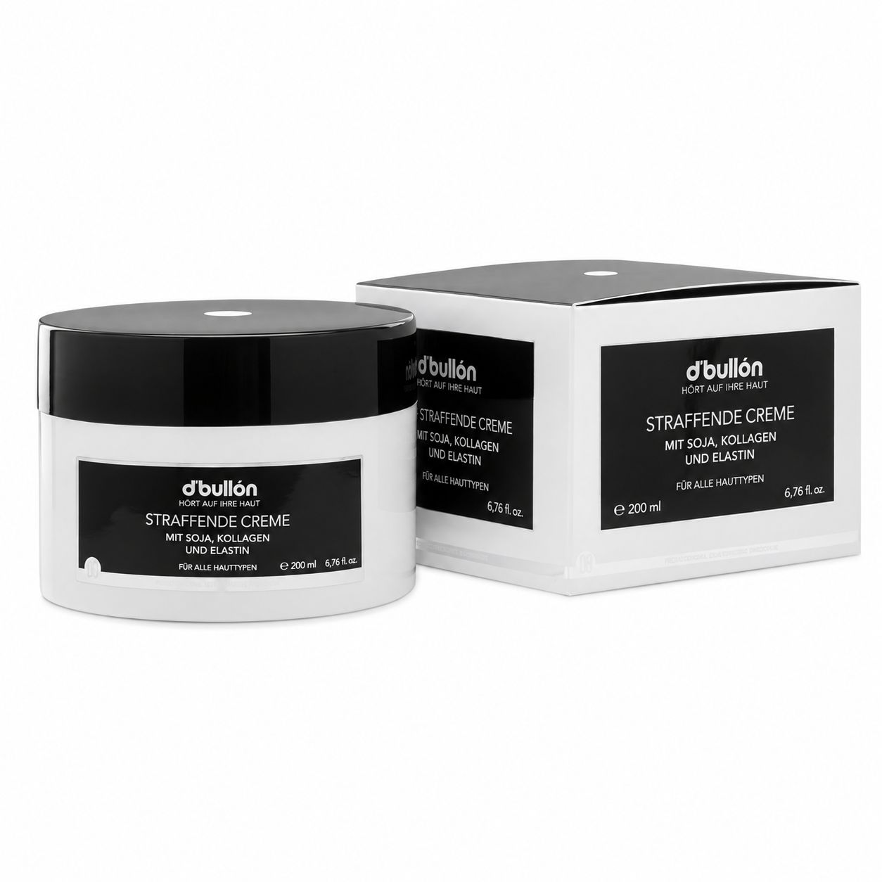 D'bullón Straffende Creme mit Soja, Kollagen und Elastin, 200 ml Tiegel und Faltschachtel.