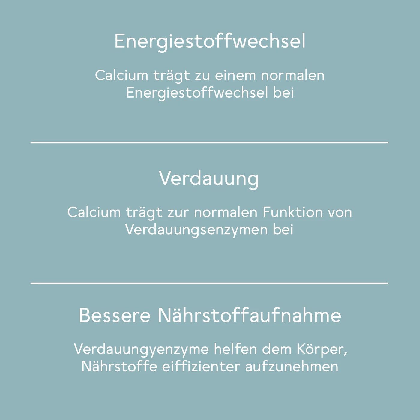 Text auf blauem Hintergrund. Energie Stoffwechsel, Verdauung, Bessere Nährstoffaufnahme. Calcium trägt zur normalen Funktion von Verdauungsenzymen bei.