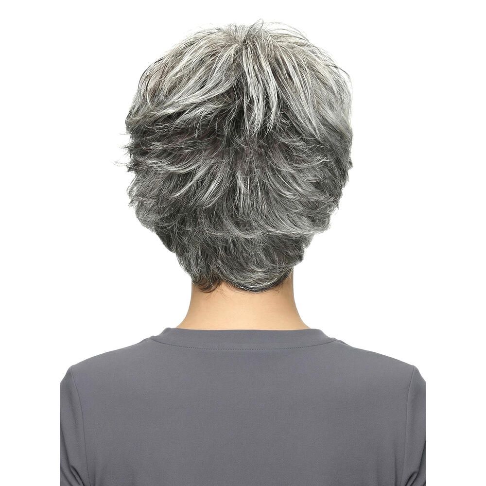 Rückansicht einer Kurzhaarperücke mit grauen und weißen Strähnen. Die Perücke bedeckt den Nacken.
