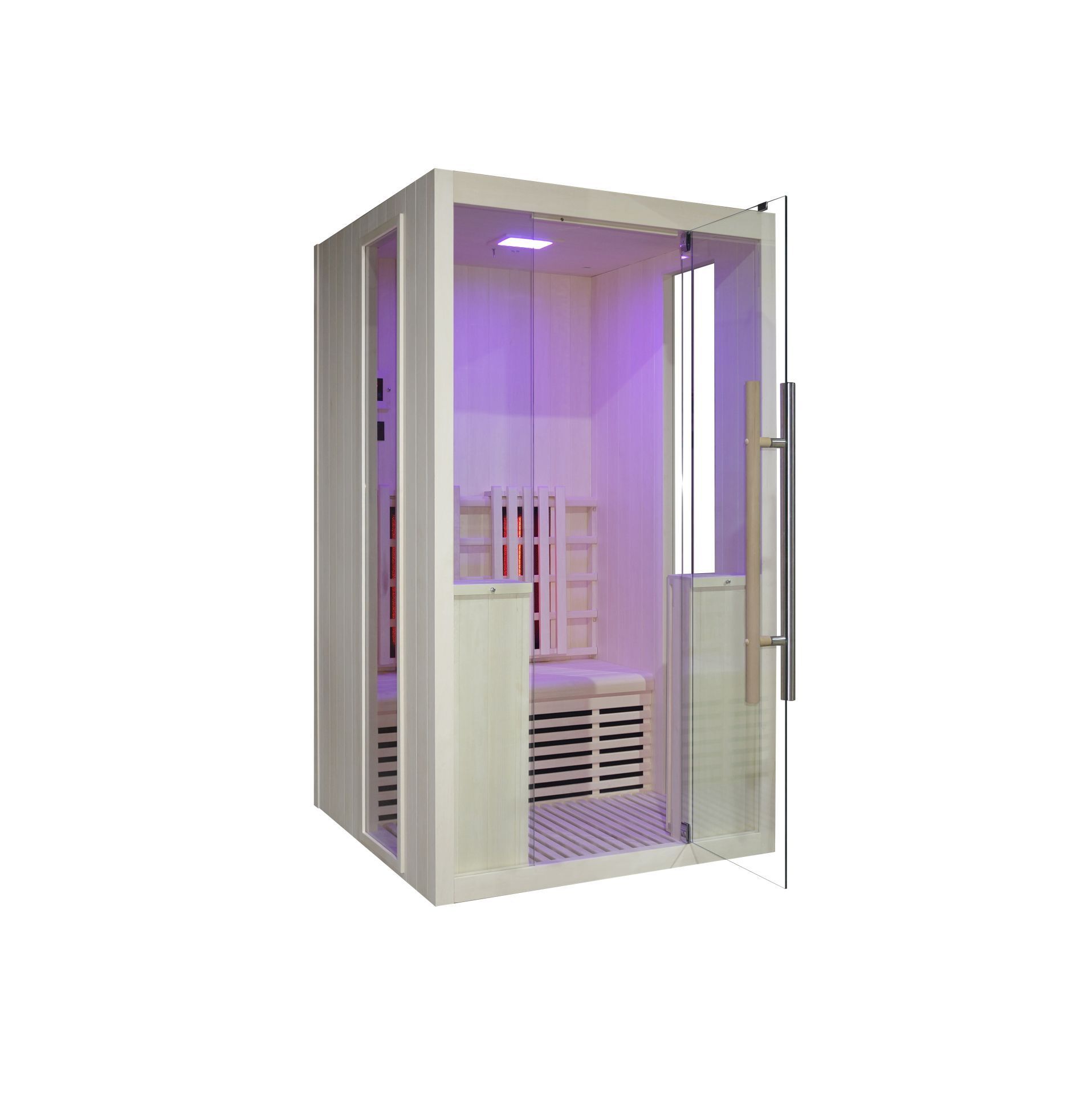 Infrarotsauna mit offener Tür. Innenraum mit Sitzbank und Heizstrahlern. Beleuchtung in Violett.