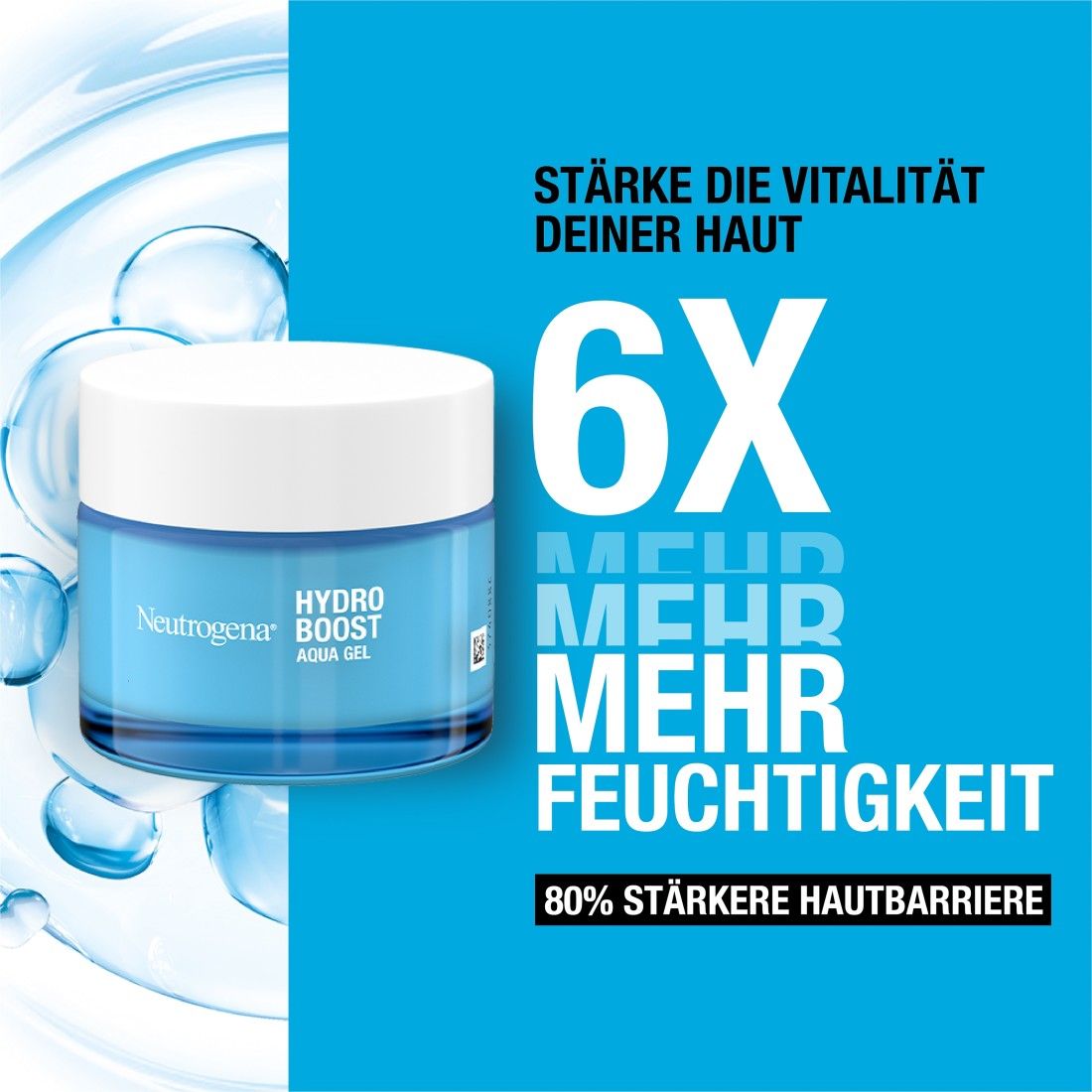 Neutrogena Hydro Boost Aqua Gel. Blaue Creme-Dose. Text: 6x mehr Feuchtigkeit, 80% stärkere Hautbarriere.