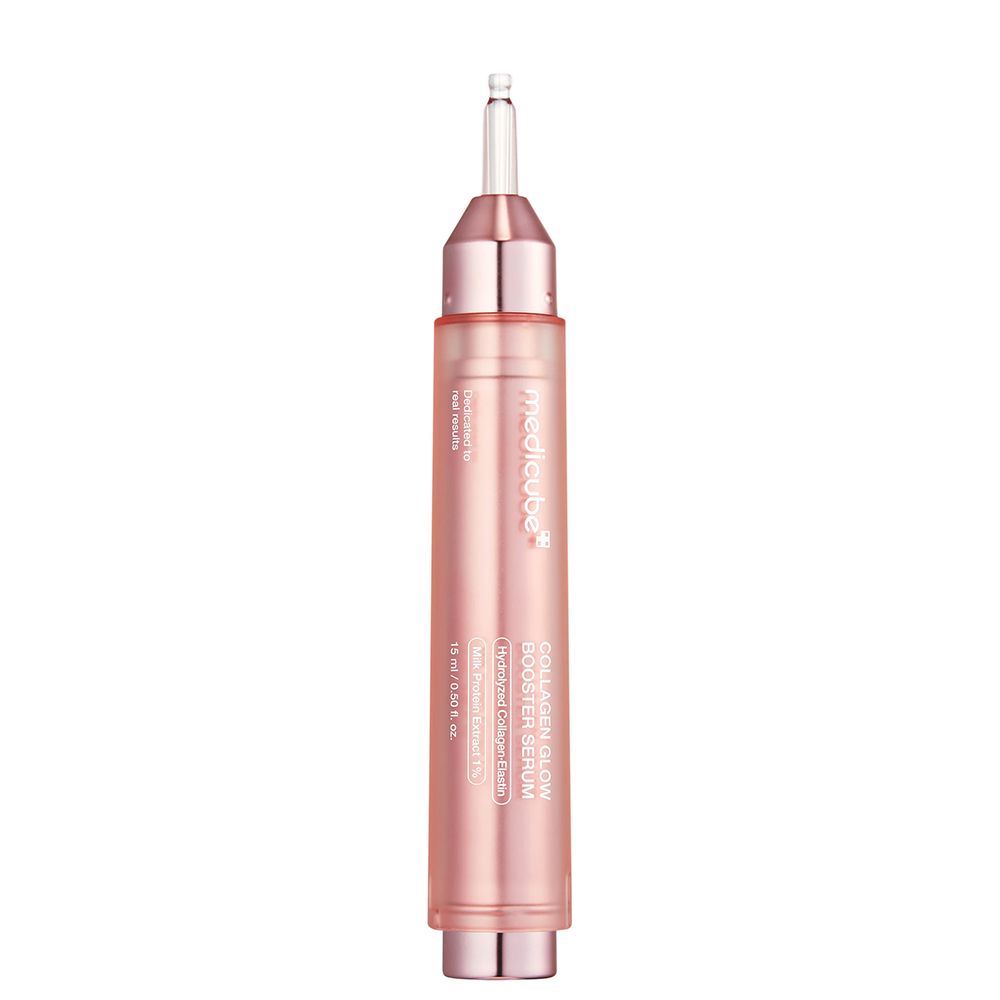 Rosa Serum-Applikator mit silbernem Detail und durchsichtigem Deckel. Enthält "Collagen Glow Booster Serum".