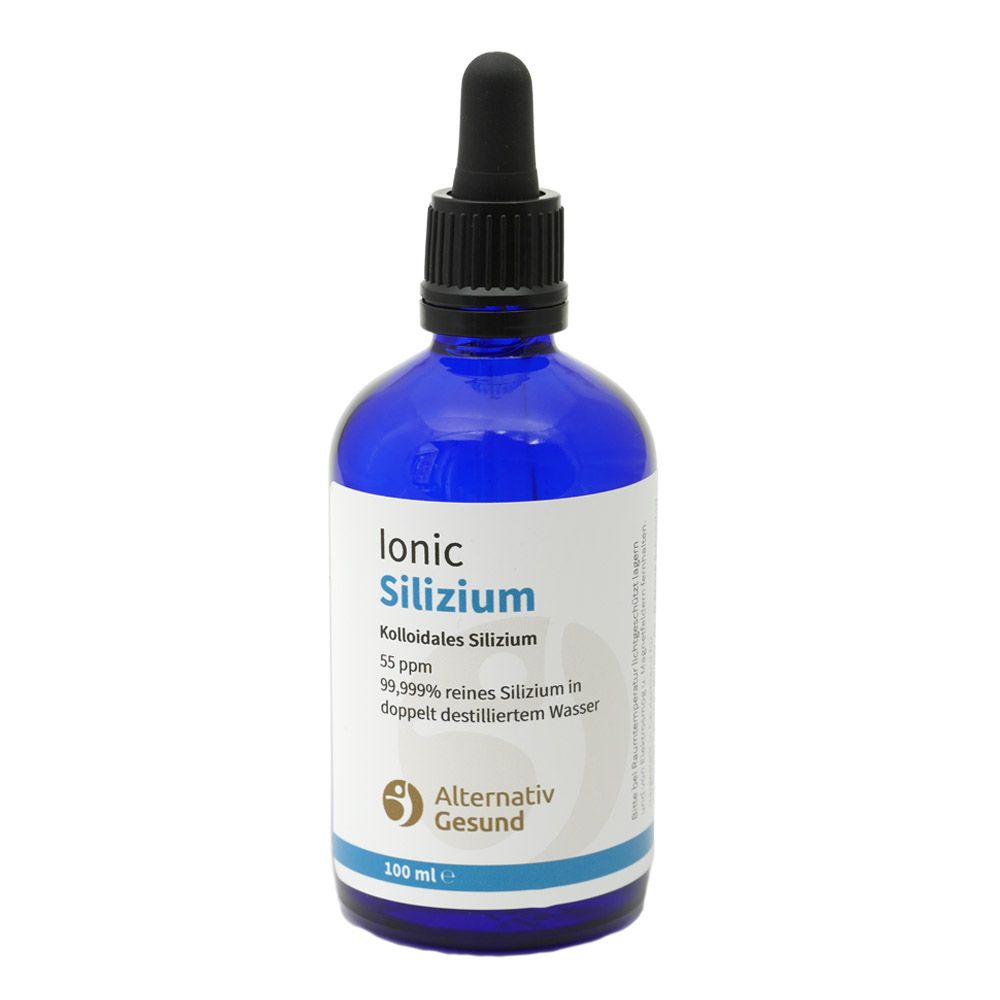Blaue Glasflasche mit schwarzem Tropfer. Aufschrift: Ionic Silizium, Kolloidales Silizium, 55 ppm, Alternativ Gesund. 100 ml.