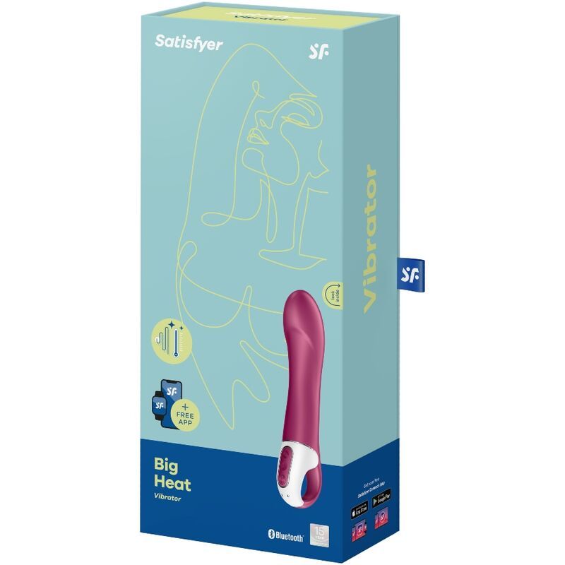 Verpackung des Vibrators. Hellblaue Box mit Produktabbildung. Aufschrift: Satisfyer, Big Heat Vibrator. SF-Logo.