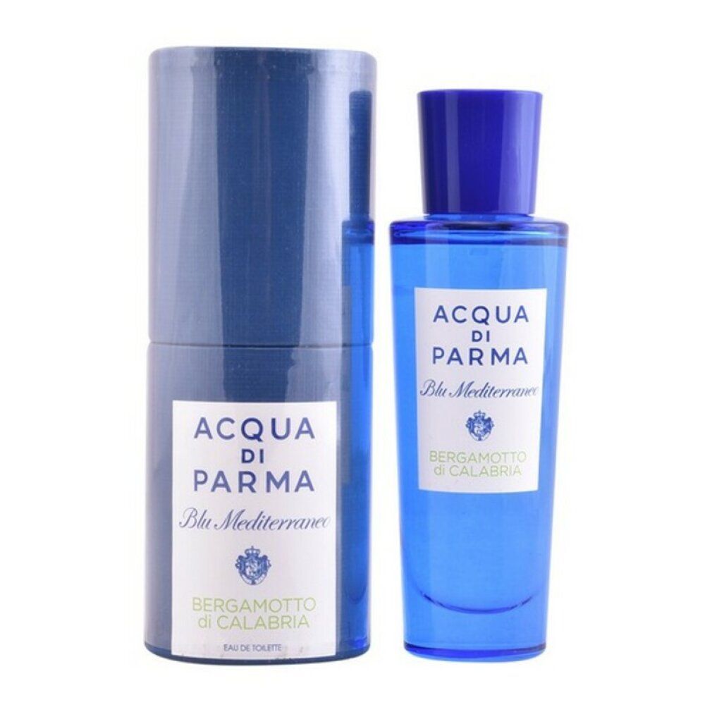 Blaues Parfümflakon und zylindrische Verpackung. Aufschrift: Acqua di Parma Blu Mediterraneo Bergamotto di Calabria.