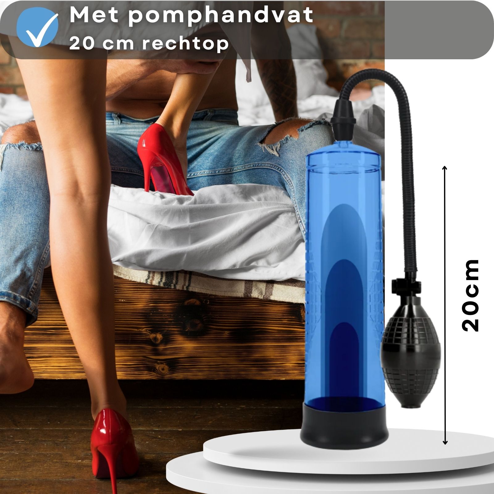 Productafbeelding met tekst: Penispomp, blauw, druk via pompbal, tot 20 cm.