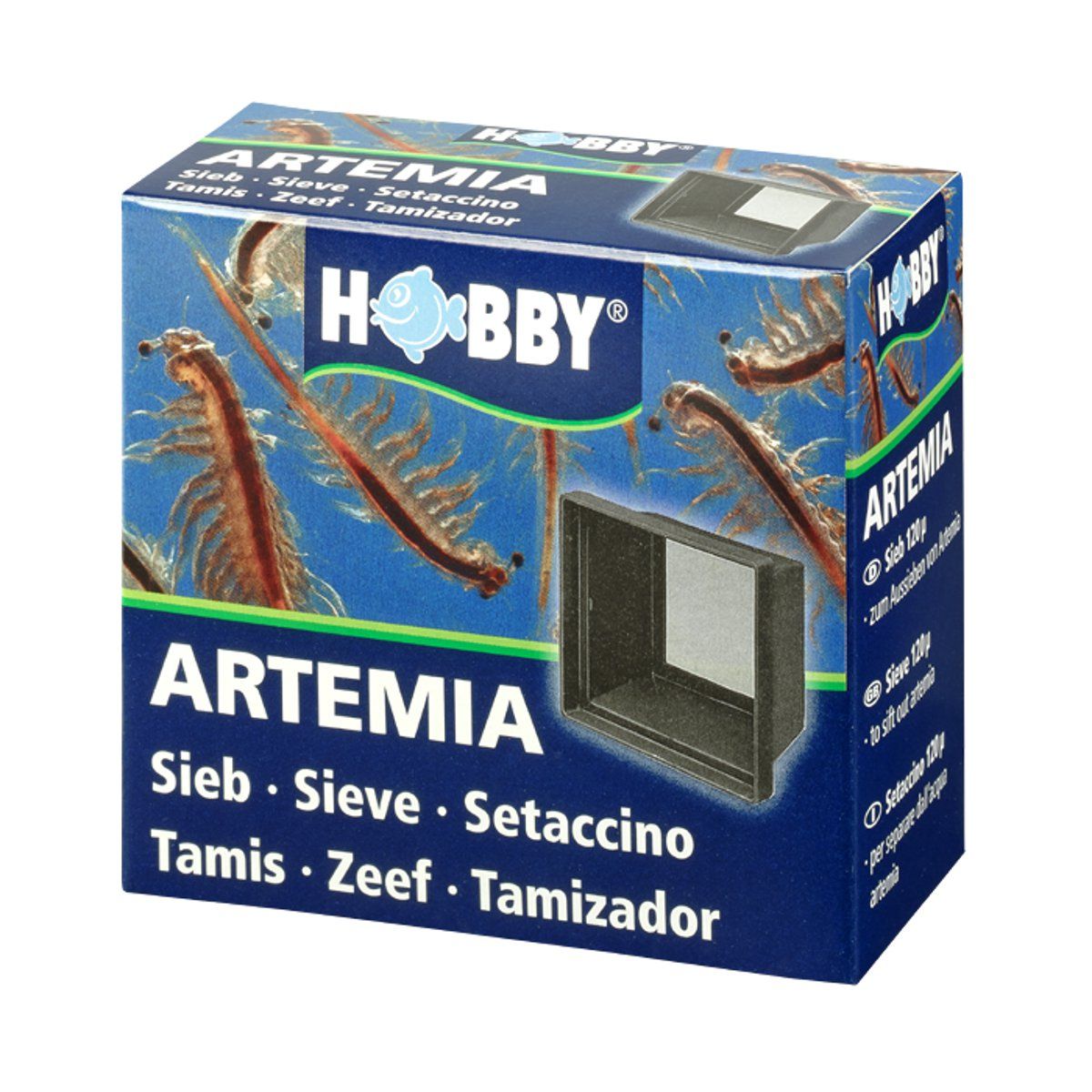 Blau-weiße Verpackung mit Produktabbildung und Text. "HOBBY"-Logo. "ARTEMIA Sieb" in mehreren Sprachen.