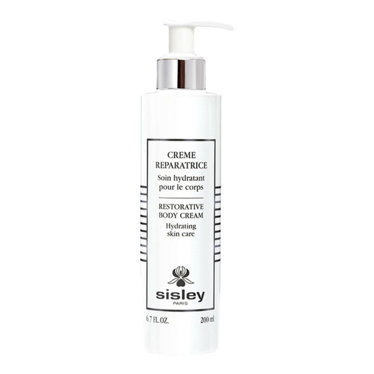 Weiße Flasche mit Pumpe. Aufschrift: Crème Réparatrice, Restorative Body Cream, Sisley. 200 ml.