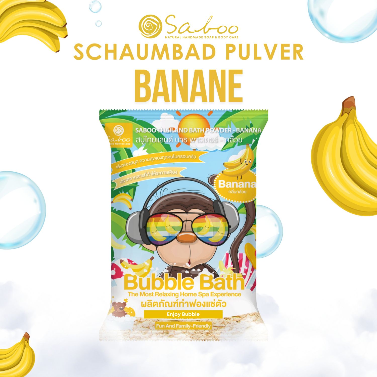 Verpackung SABOO Schaumbad Pulver Banane. Logo, Bananen-Illustrationen. Aufdruck: Affe mit Sonnenbrille und Kopfhörern. Text: Bubble Bath.