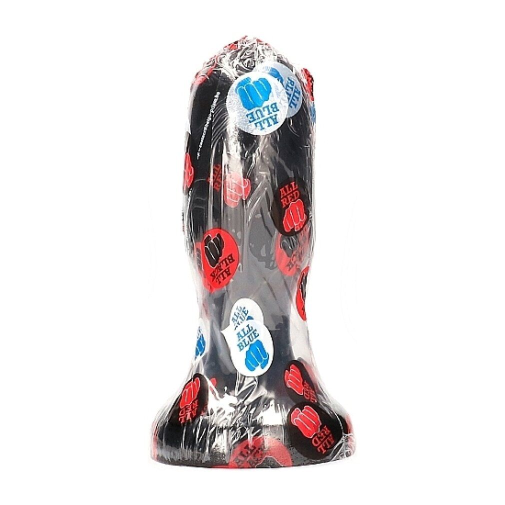 Schwarzes Wellness-Produkt, verpackt in Folie mit roten und blauen Aufklebern mit Faust-Symbol und "ALL".