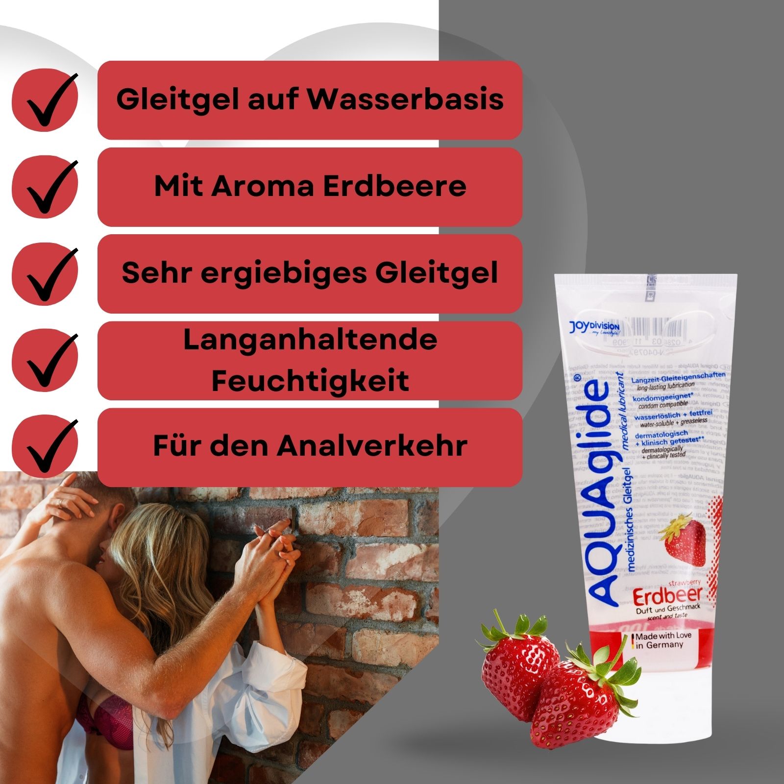 Gleitgel-Tube AQUAglide Erdbeer. Auf Wasserbasis. Mit Erdbeer-Aroma. Für Analverkehr. Erdbeeren im Hintergrund.