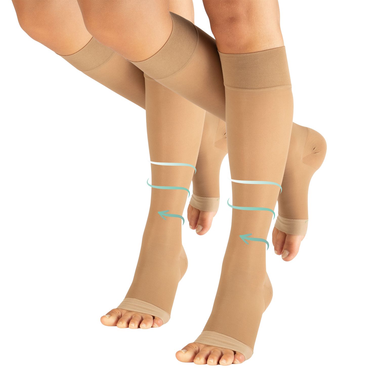 Hautfarbene Kompressionsstrümpfe mit offener Spitze. Grafische Darstellung der Kompression. Marke CALZITALY.