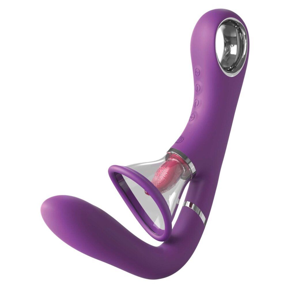 Lila Vibrator mit zwei Saugschalen. Silberne Akzente. Runde Öffnung am oberen Ende. Gebogene Form.