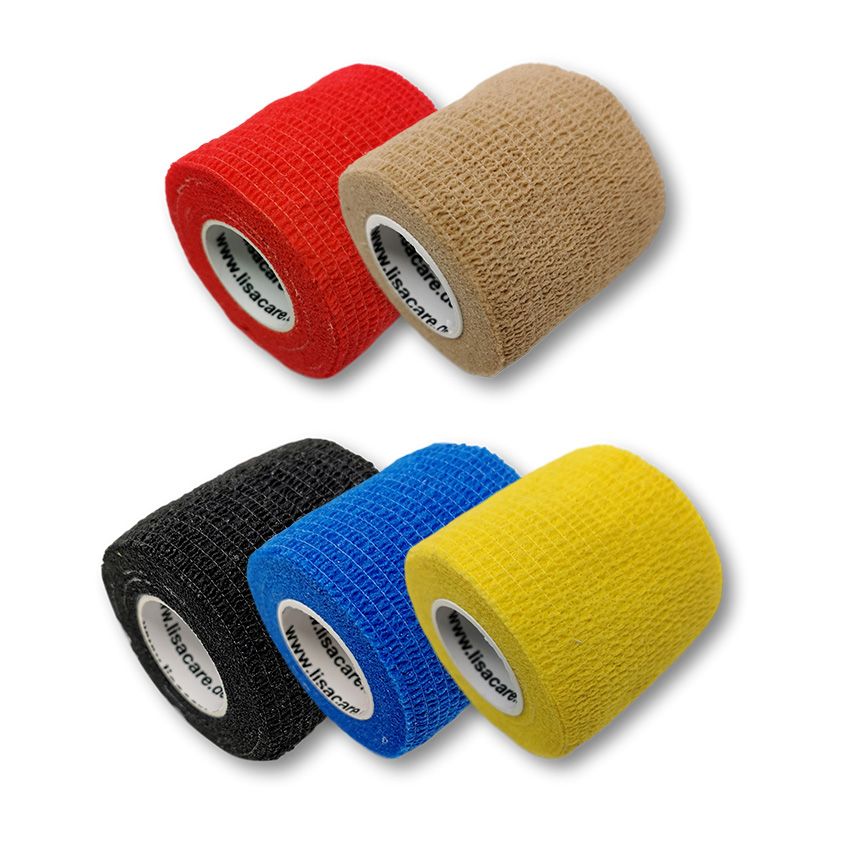 Mehrfarbige selbstklebende Wundpflaster-Rollen. Rot, Beige, Schwarz, Blau und Gelb. Mit Logo "lisacare.com".