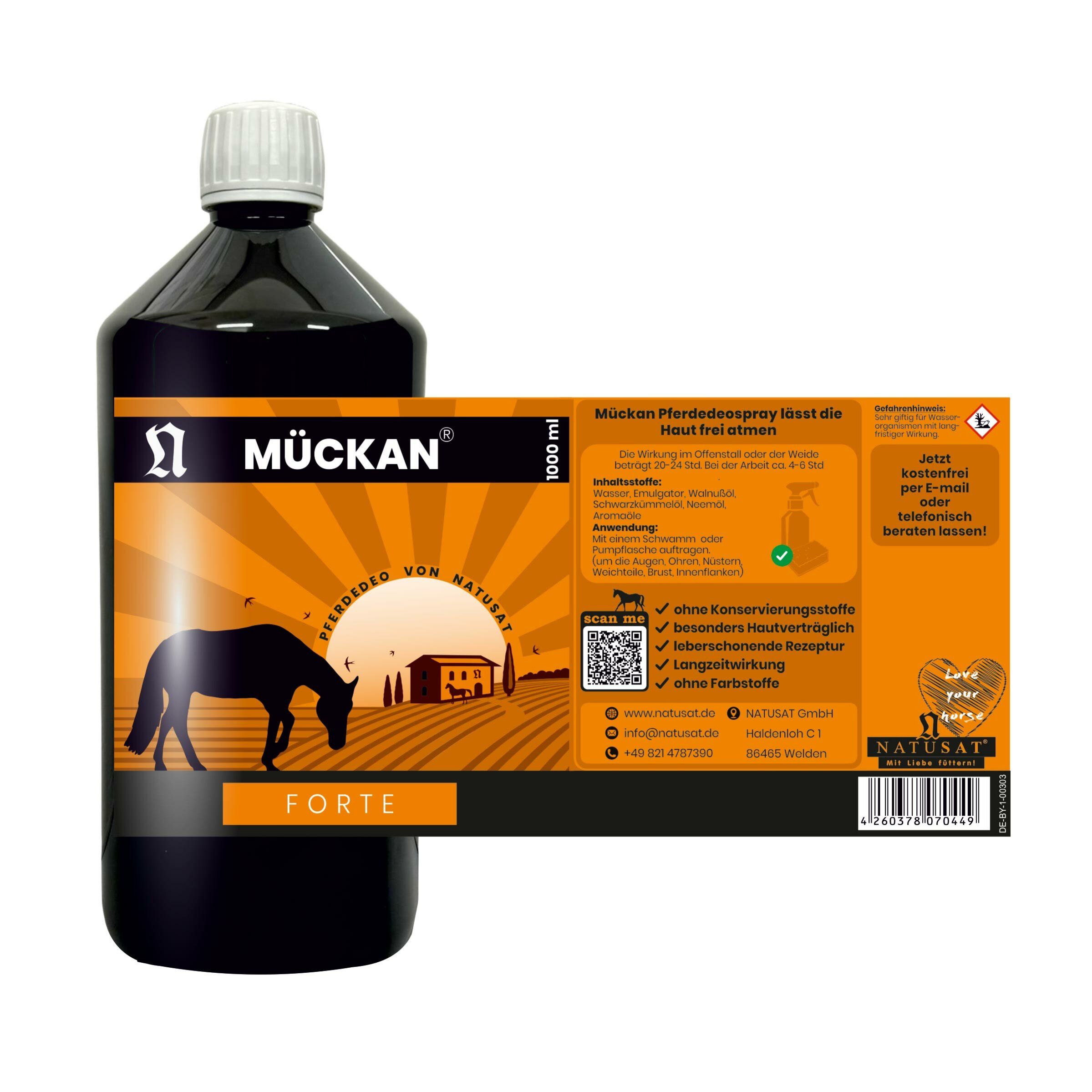 Braune Flasche Natusat Mückan forte. Weißer Deckel, Etikett mit Produktinformationen, Logo und Schriftzug. 1000 ml.
