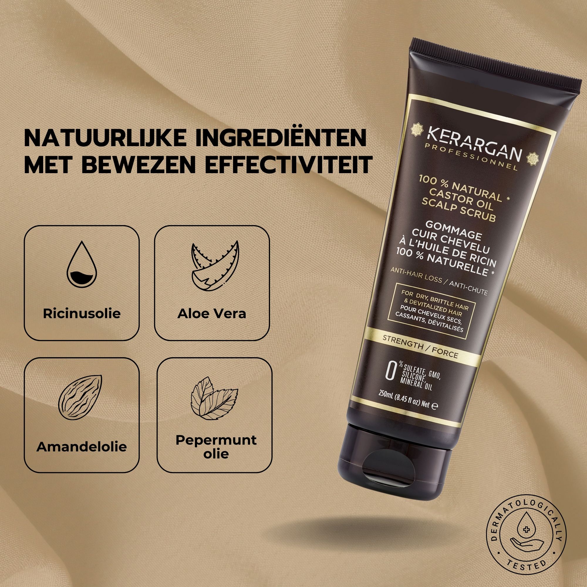 Hand houdt tube vast. Tekst: Scrub Anti-Haaruitval. Product: Kerargan. Zwarte tube, gouden opschrift.