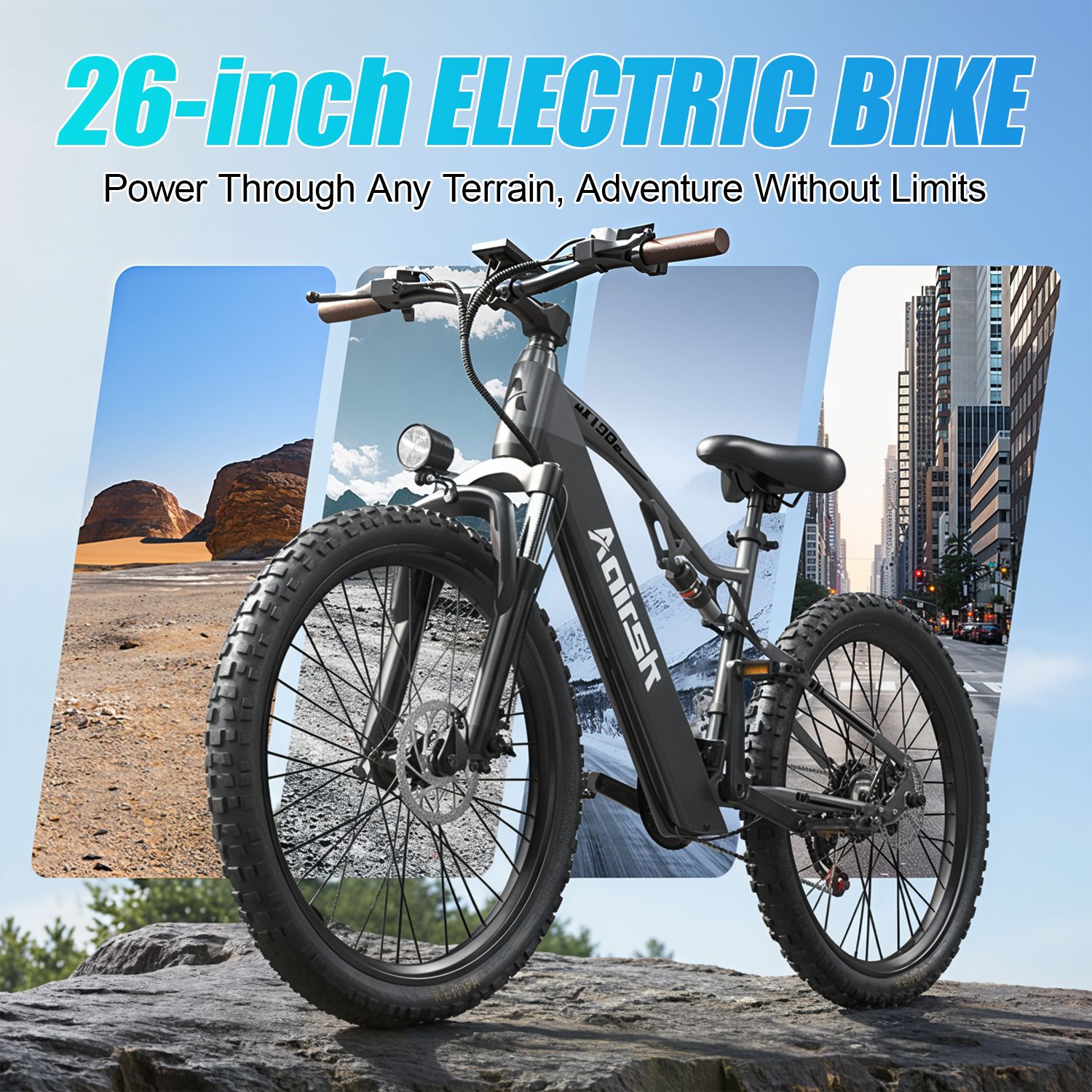 E-Bike mit breiten Reifen, Scheinwerfer und Text: 26-Zoll-ELEKTRISCHES FAHRRAD. Power Through Any Terrain, Adventure Without Limits.