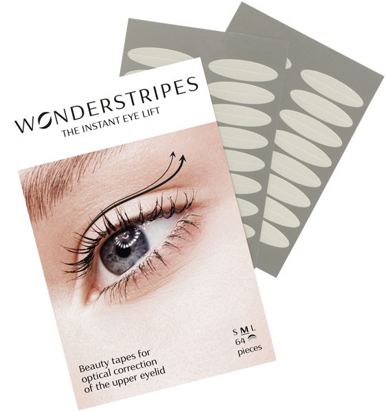Verpackung mit Wonderstripes und Augenlid-Tapes. Aufschrift: Wonderstripes, The Instant Eye Lift. 64 Stück. Beauty tapes for optical correction of the upper eyelid.