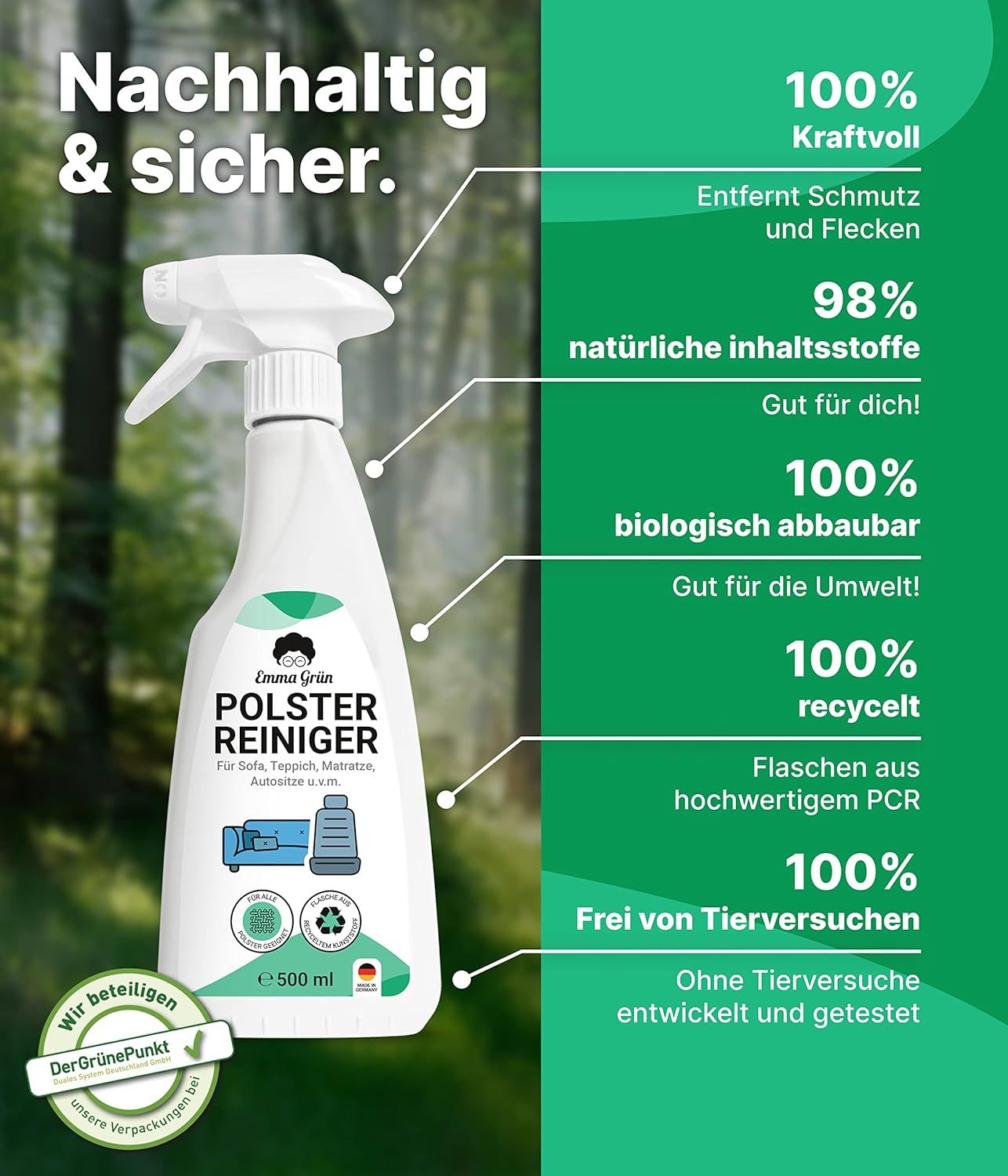 Weiße Sprühflasche mit grünen Akzenten. Text: Polsterreiniger. Icons: recycelt, biologisch abbaubar, tierversuchsfrei. Text: DerGrünePunkt.