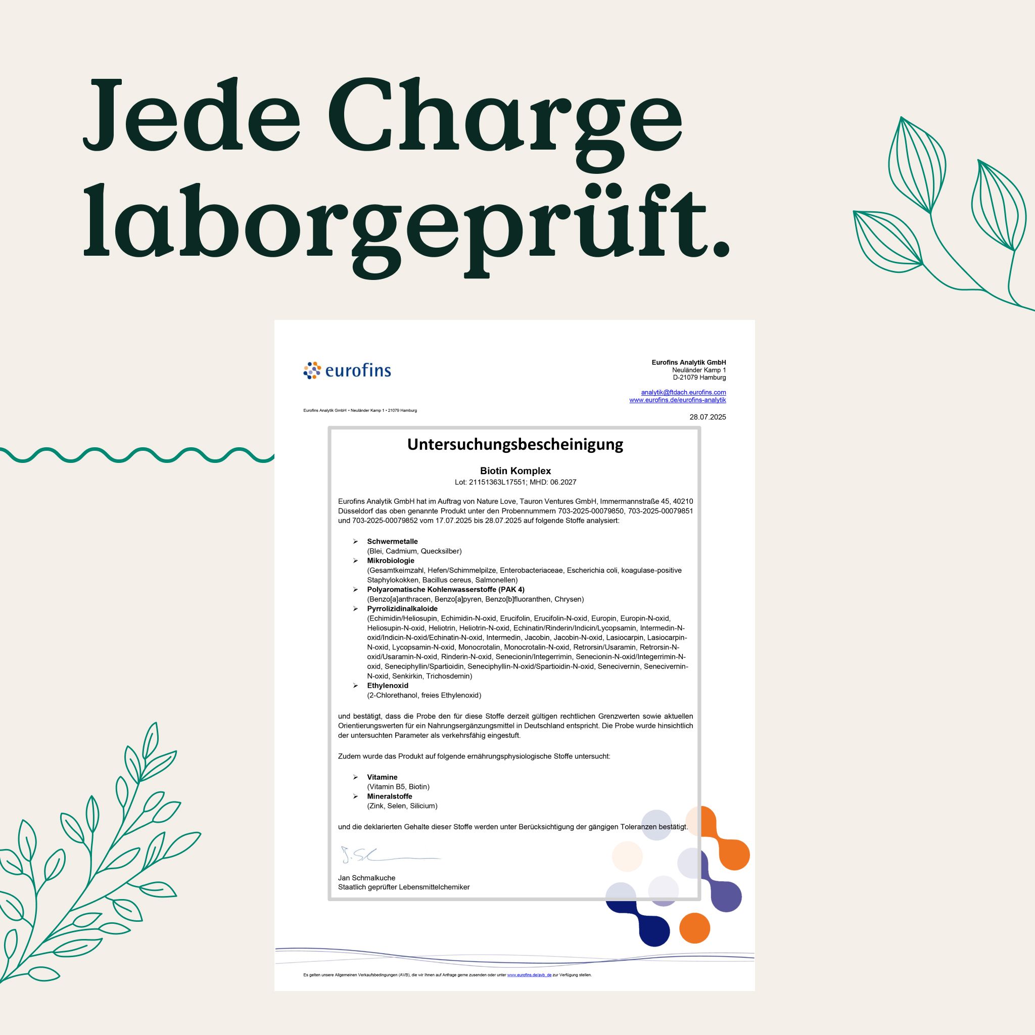Laborbericht "Untersuchungsbescheinigung" für Biotin Komplex von Eurofins.