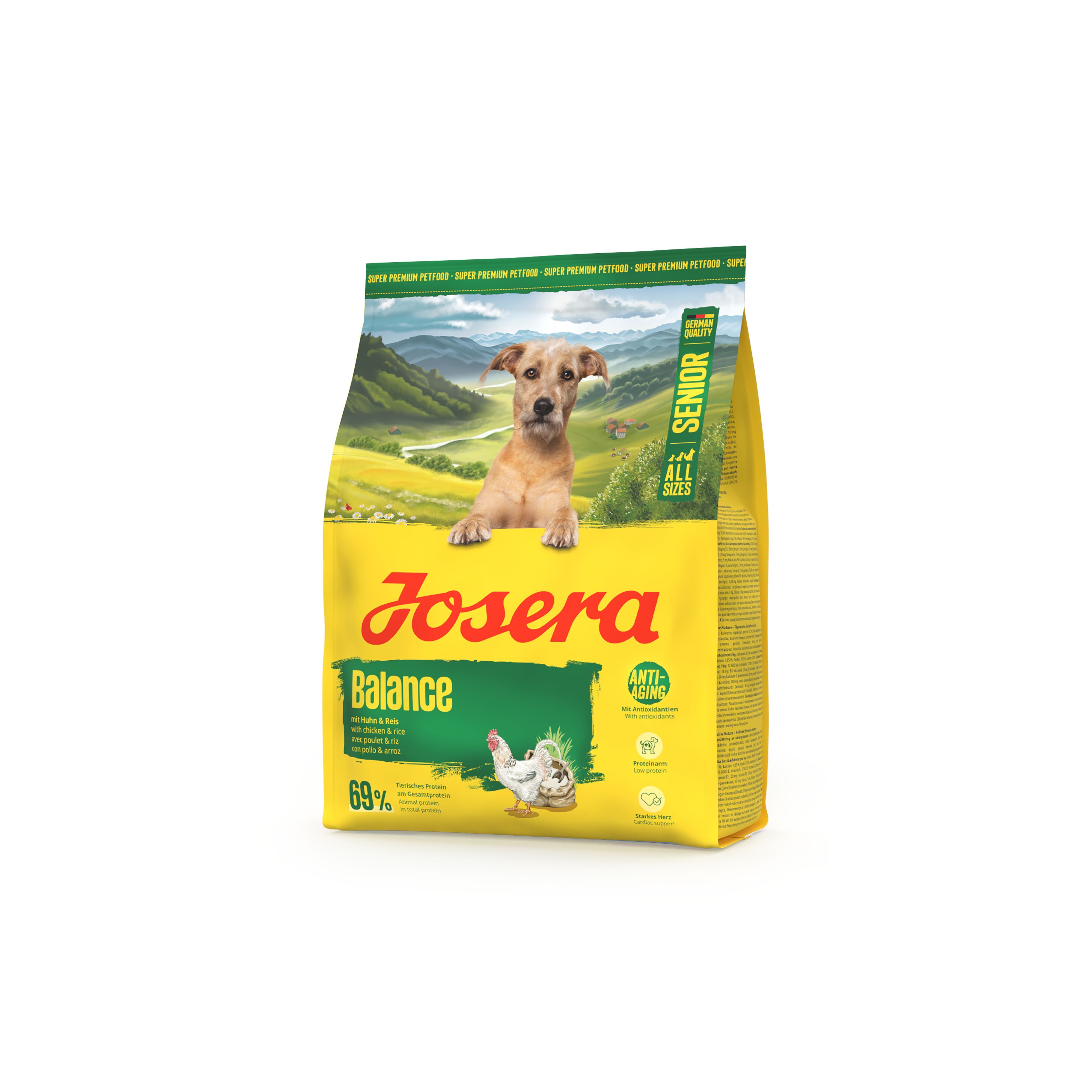 Gelbe Verpackung mit Produktnamen JOSERA Balance. Abbildung eines Hundes und einer Henne. Text: Senior, All Breeds.