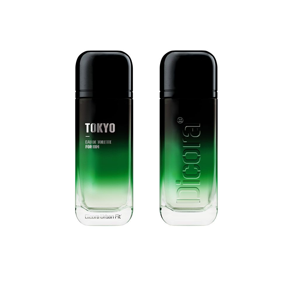 Zwei Flakons Eau de Toilette. Schwarz-grünes Farbverlauf-Design. Aufschrift "TOKYO" und "Dicora". Für Ihn.