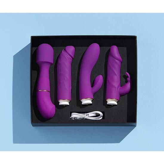 Vier violette Vibratoren in einer schwarzen Schachtel. Ein Ladekabel ist ebenfalls enthalten.