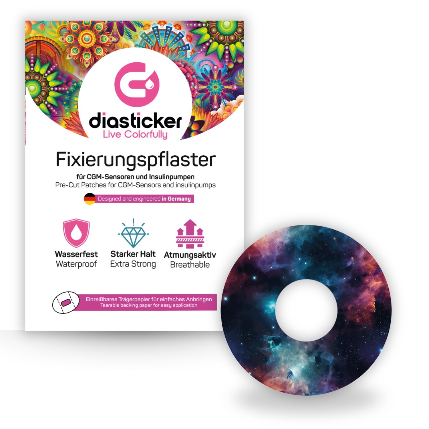 Verpackung und rundes Pflaster mit Weltraum-Design. Text: Diasticker, Fixierungspflaster, wasserfest, starker Halt, atmungsaktiv.